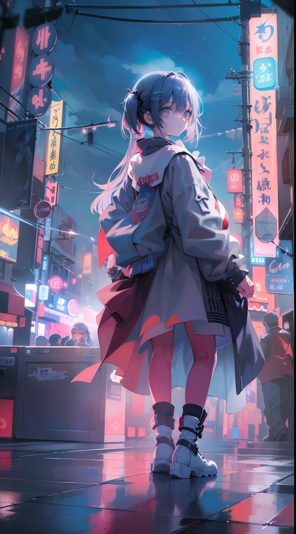 (((​masterpiece)))、(((top-quality)))、((ultra-definition))、(High Definition CG Illustration)、((extremely delicate and beautiful))、City of the Future、Cinematic Light、solo、full body Esbian、Beautiful Neon Lights、2080s、animesque、Beautiful girl、Twin Tail Girl、trending on artstation