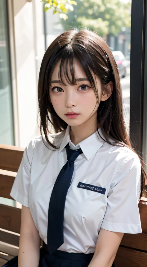 (Masterpiece, Best quality:1.2), 8K, 15year old, 85mm, offcial art, RAW photo, absurderes, White dress shirt, Pretty face, Close up, Upper body, violaceaess, gardeniass, Beautiful girl, school uniform, (Navy pleated skirt:1.1), constricted waist, Thighs, s...