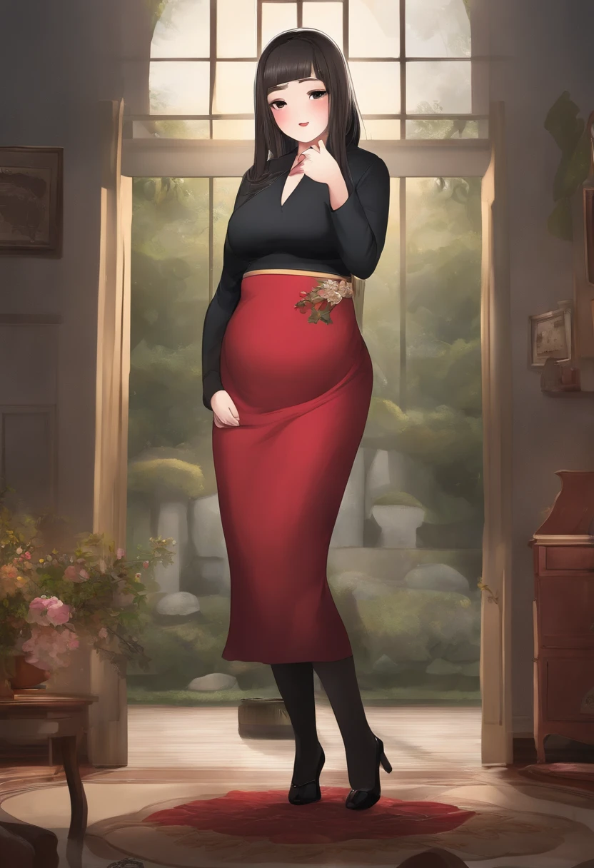 A woman in a red skirt standing in front of a window - SeaArt AI