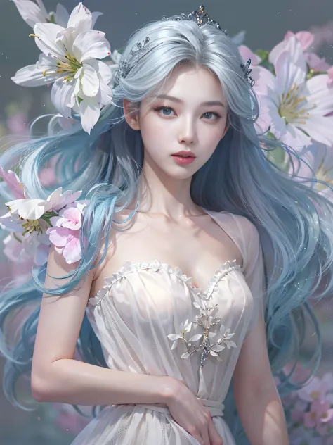 full body, Realistic beautiful woman, Light Hair,Beautiful with a large white flower tiara...,  Detailed Eyes, Blue Eyes, side v...