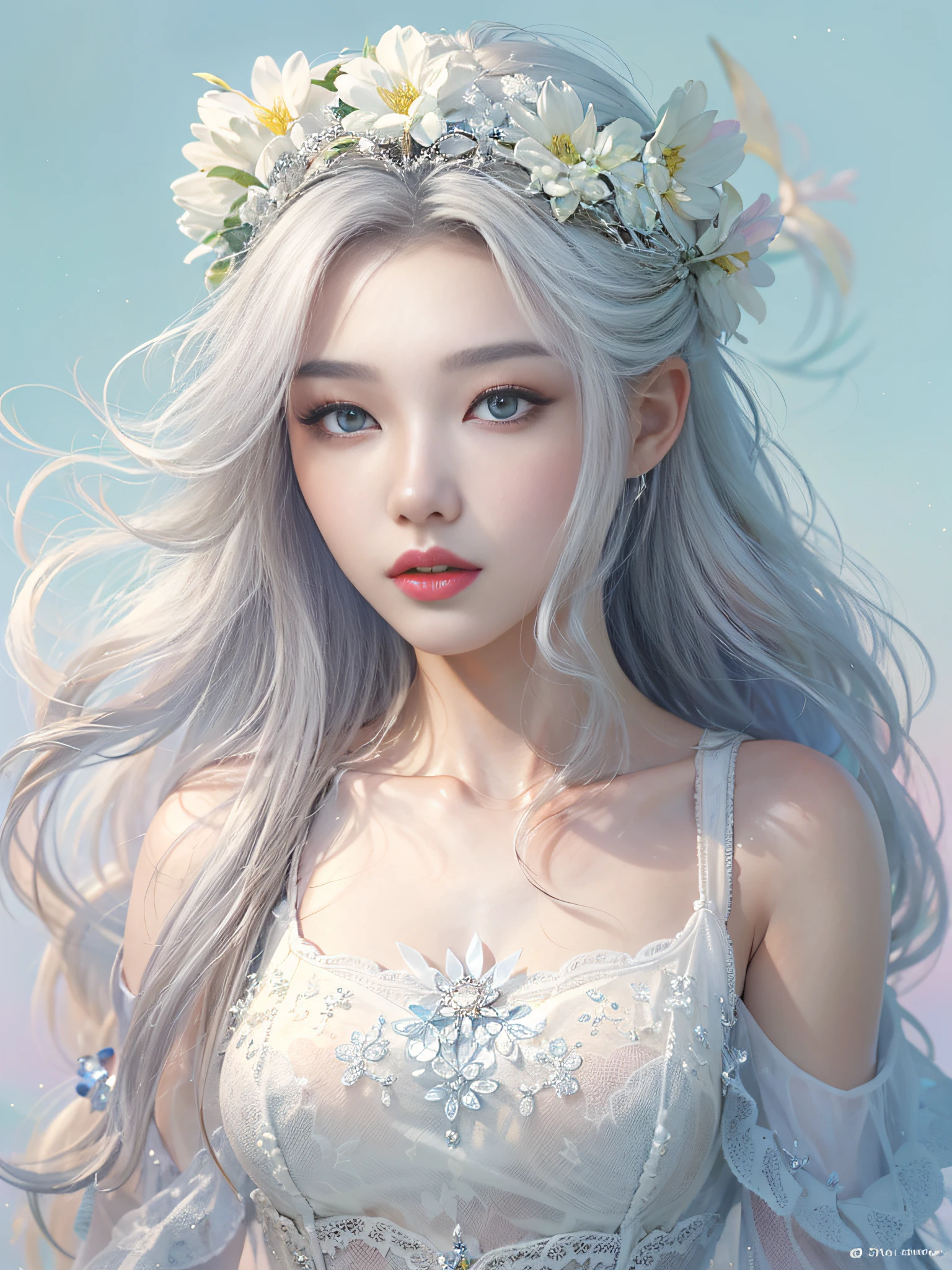 full body, Realistic beautiful woman, Light Hair,Beautiful with a large white flower tiara...,  Detailed Eyes, Blue Eyes, side view, A hyper-realistic, anatomical, graceful, Dynamic, highly detaild,  silky, facing the viewer, The body is symmetrically placed and balanced., A stunningly beautiful teenage girl, detailed hairstyle,, intrikate,((Top  Quality, 8K, ​masterpiece :1.3)), 1woman, A beautiful woman who emphasizes slender abs: 1.3, (casual hairstyle, large full breasts: 1.2), Casual wear: 1.2,  Ultra detail face, Delicate pupils, Double eyelidd, soft breasts, Sorrisos,perfect body proportions, Valley exposure,Full portrait of 18-year-old Korean female face, Luna : has a striking and ethereal appearance. She has long, flowing silver hair that shimmers like the moonlight, which is often styled in loose waves. Her eyes are a mesmerizing shade of silver, reflecting her connection to the moon. Luna has a lean, graceful physique and often wears a celestial-themed outfit that features hues of silver, white, and blue, resembling a starlit night sky.