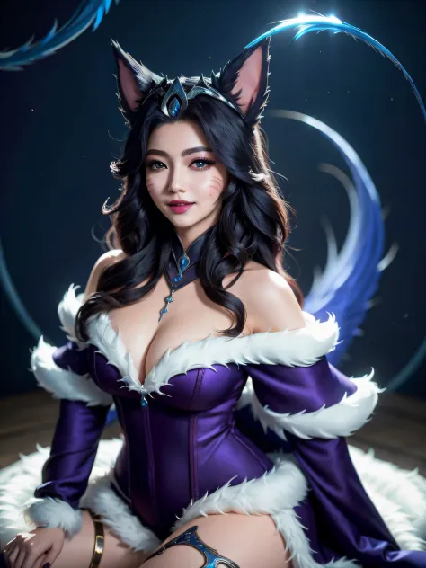 (masterpiece, best quality:1.2), intricate details, midnight ahri, 1girl, dress, fur trim, animal ears, cleavage, whisker markings, long hair, multiple tails, closed mouth, light smile