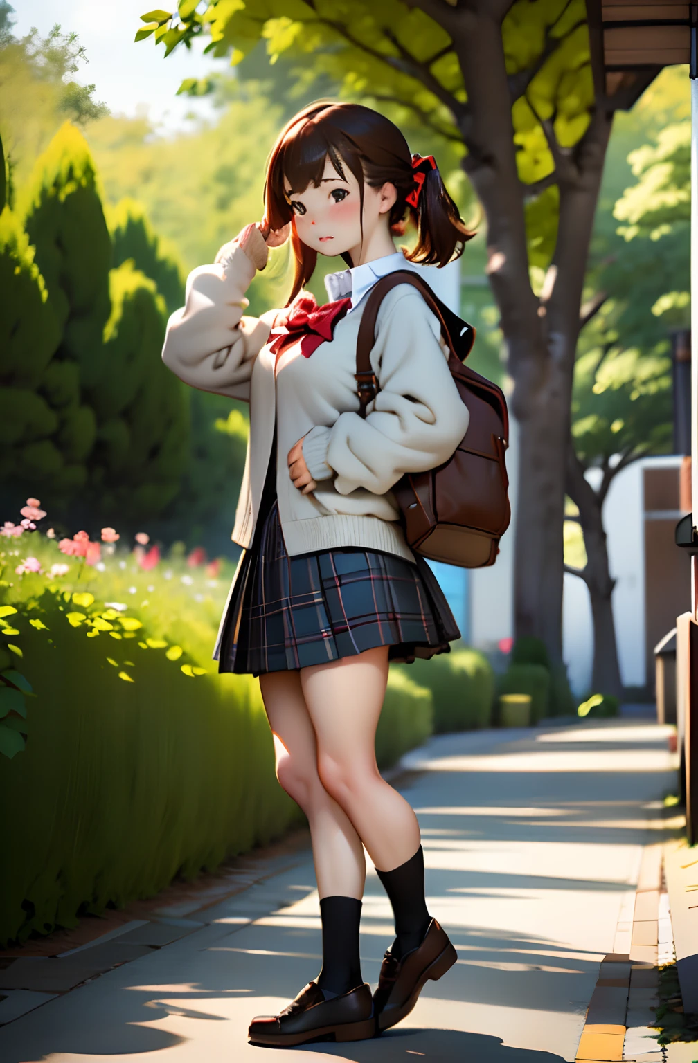 top-quality,masutepiece,Anime style,parfect anatomy,solo,skirt by the, bags, plein air, jaket, Standing, socks, shoe, looking at the viewers, Brown Footwear, Uniforms, Plaid, lowfers, blazers, brown haired, plaid skirts, Black socks, long-sleeve, bangss, Open your clothes, Open jacket, the bow, Brown-eyed, pleatedskirt, a bow tie, day, length hair, full body Esbian, bush, Red bow, Knee height, The shirt, Mouth closed, sleeves past wrists, backsack, hand on own face, red bowtie, Black jacket, a school bag, red blush, a plant, Brown skirt, Put your hand on your cheek, bblurry, From Side, raise two hands, look at side, shirt with collar, a miniskirt, white  shirt, cardigan, Grassy, Sweaters, Light smile,longshot, (low angles), (top down), Realistic scale,Significant shrinkage:1.5、photos realistic、Super Detail, Realistic, Super realistic, lifelike rendering,plein air,Cherry blossom blooming street,Professional Photographer