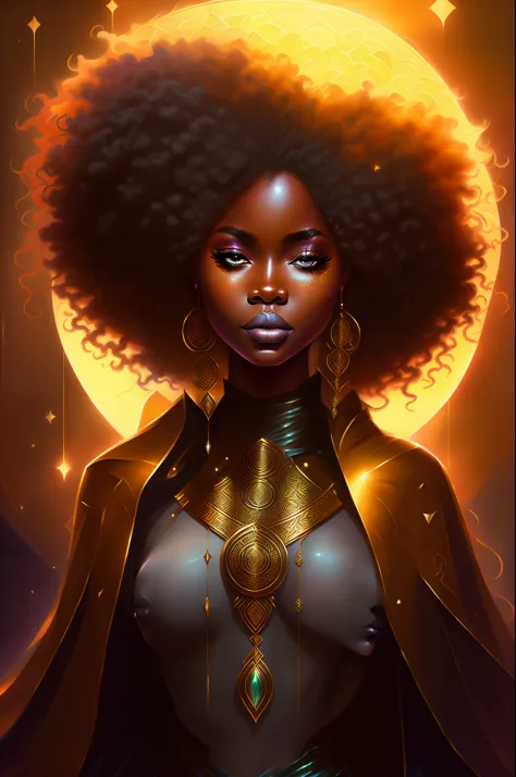 a close up of a woman with a large afro wearing a cape, charlie bowater rich deep colors, charlie bowater character art, stunnin...