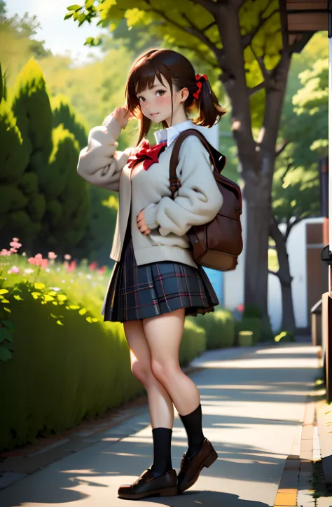 top-quality,masutepiece,Anime style,parfect anatomy,独奏,skirt by the, bags, plein air, jaket, Standing, sockes, shoe, looking at ...