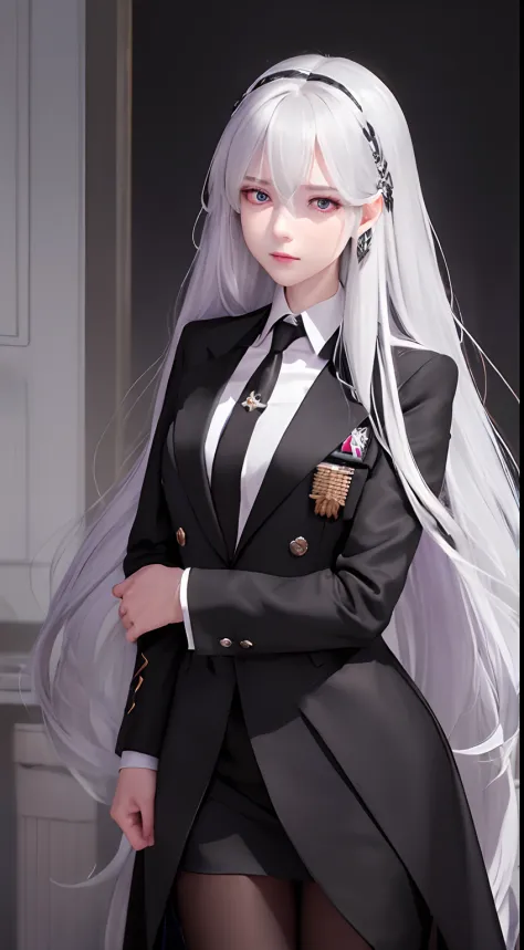 woman with long hair , from girls frontline, delicate androgynous prince,silver hair , fine details. beautiful androgynous prince, girls frontline style, masterpiece, best quality,8k, purple eyes,formal clothes,blazer,black necktie