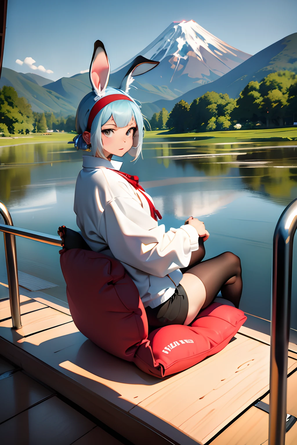 Anime style,Rabbit eared headband,solo,girl with,Shortcut Hair,Red stamp,White Total Neck Shirt,Sitting on a beaded cushion:1.5,Eggplant-colored beaded cushion,Bead cushion,huge window,I can see the mountains. mt. Fuji seen from the train window,mountain fuji on the background:1.5,Steller's sea eagle in flight:1.3,Winters,Looks cold,snowscape,top-quality,masutepiece,Detailed background