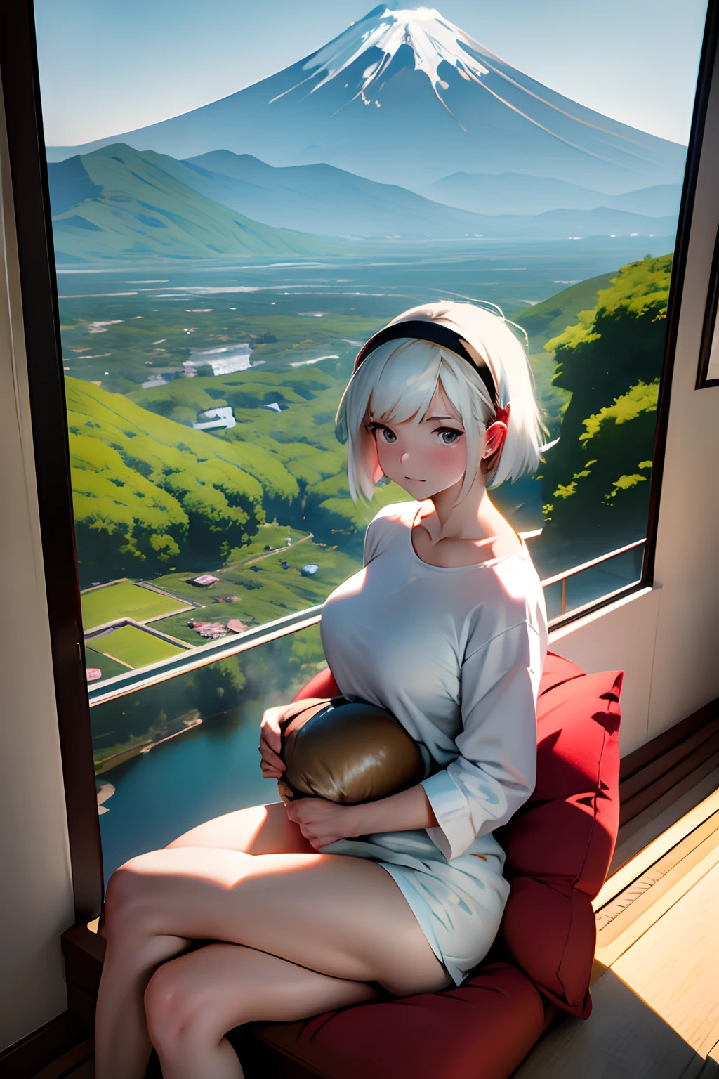 Rabbit eared headband,solo,girl with,Shortcut Hair,Red stamp,White Total Neck Shirt,Sitting on a beaded cushion,Eggplant-colored beaded cushion、White neck,huge window,I can see the mountains. mt. Fuji seen from the train window,mountain fuji on the background:1.5,Steller's sea eagle in flight:1.3,Looks cold,yuki,