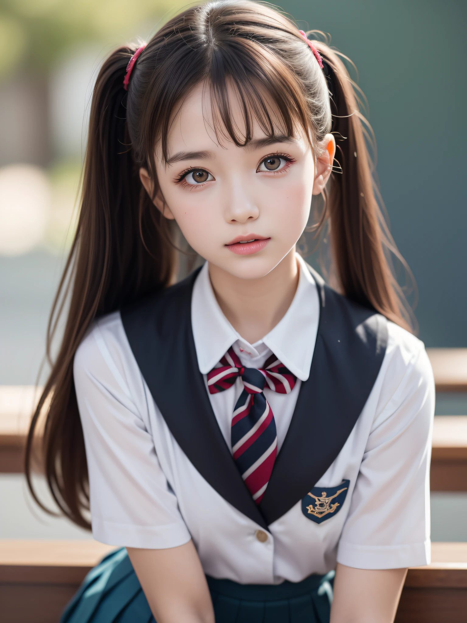 (2young girls), (highly detailed Beautiful face), Amazing face and eyes, (Best Quality:1.4), (Ultra-detailed), (extremely detailed CG unified 8k wallpaper), Highly detailed, High-definition raw color photos, Professional Photography, Realistic portrait, Amazing face and eyes, Pink eyes, (hi-school uniform, pleated mini skirt:1.3), twintails, brown hair, model,  (((Bokeh))), depth of fields, School, classroom,