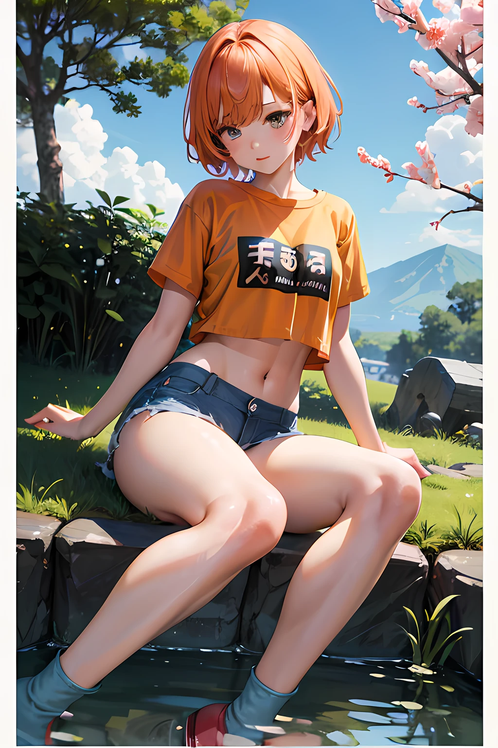 colorful auspicious clouds, sakura, leaf, tree, waterfall, acorn, soil, blurry_foreground, 1girl, day, painting, depth_of_field, blurry, (best quality), ((masterpiece)), cute anime girl, orange hair, short hair, green t-shirt, cutout above navel, blue denim shorts, brown boots, forest, c(lean detailed faces), analogous colors, beautiful gradient, clean image, high quality, high detail, high definition, cute face, 4k resolution, full body, ultra sharp focus, extremely detailed eyes, detailed symmetric realistic face, extremely detailed natural texture, perfectly centered medium upper shot, nikon d850 film stock photograph, kodak portra 400 camera f1.6 lens, extremely detailed, amazing, fine detail, rich colors, one body, fully clothed, face, head in frame, body in frame, good proportions