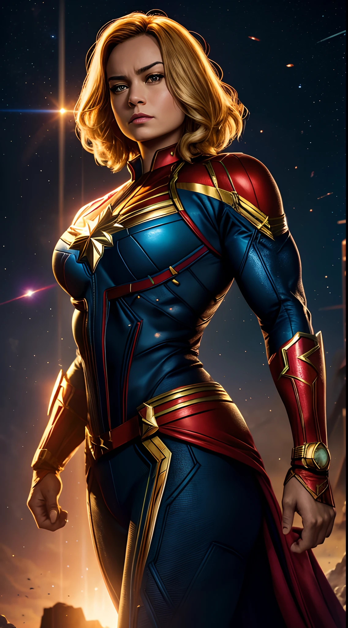 Captain Marvel marvel ,Bodybuilder, super strong, muscular, ABS, in background galaxy35mm lens, photography, ultra details, HDR, UHD,8K