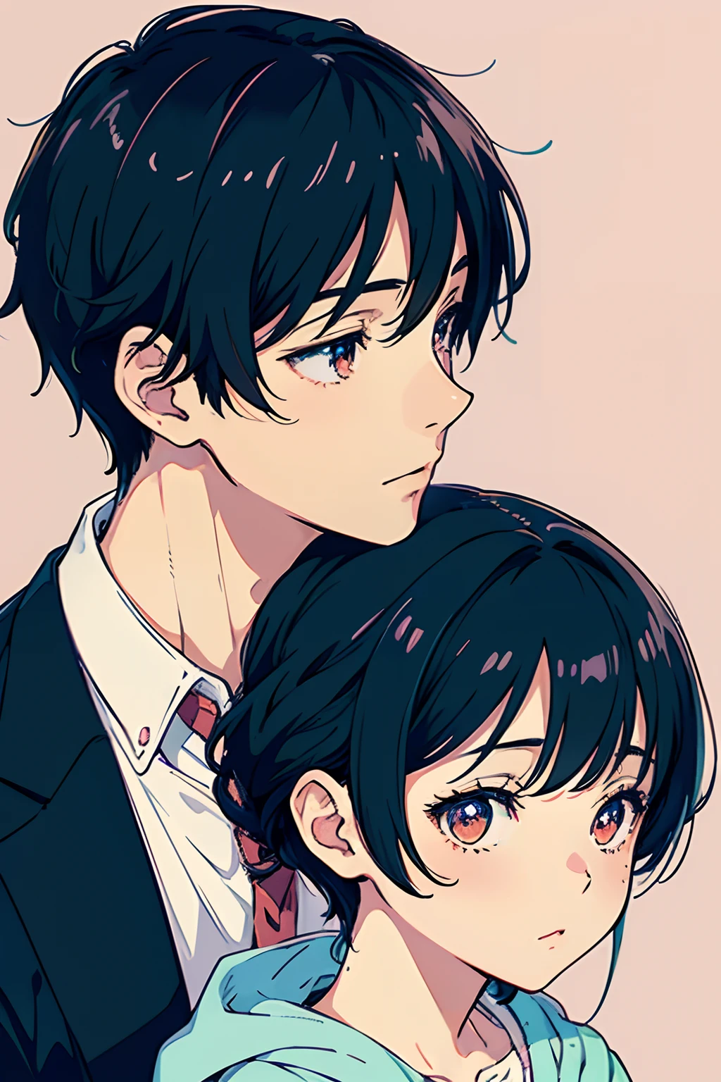 matching profile pictures, 1boy, 1girl, illustrated anime, aesthetic, high quality, Cute detailed digital art，animeaesthetic，Cute anime，High quality anime art style, Lovely detailed artwork，Soft anime illustration，cute artwork，High-quality doujin art，illustrated anime, close up, in love, girl looks at boy, black hair