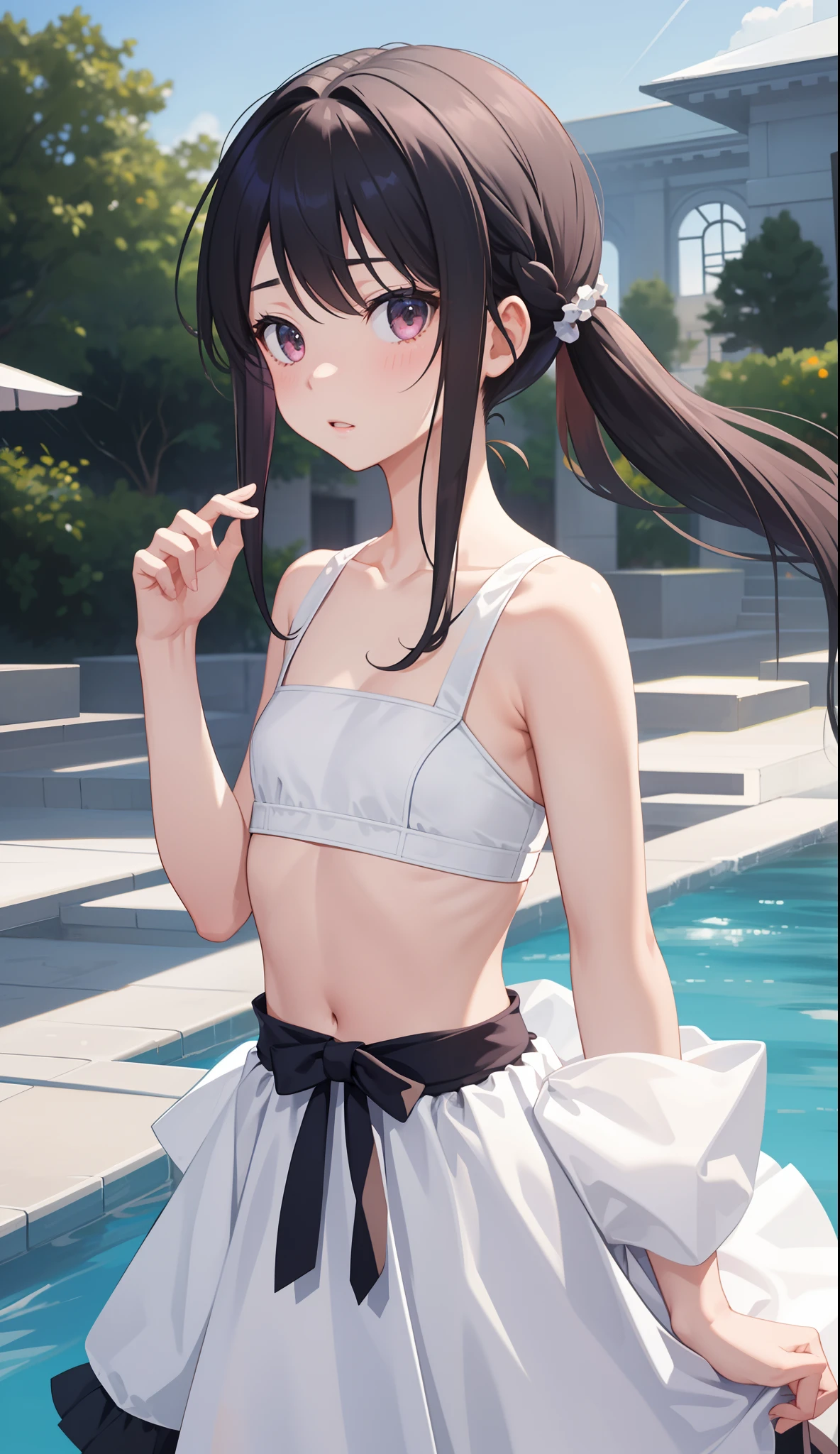 Anime girl in a white dress by a pool - SeaArt AI