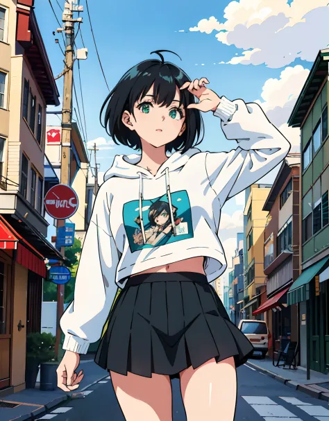 an anime girl with black hair in the crowded city, white hoodie, Azur Lane, short hair, green eyes, medium breasts, in the style...