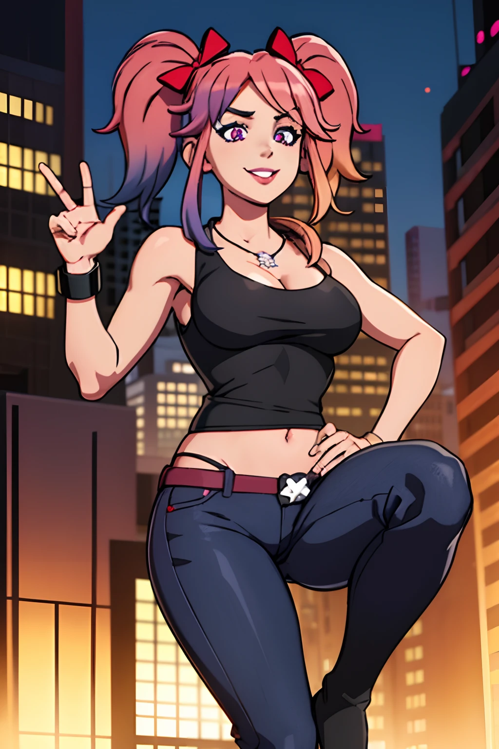 (masterpiece, best quality:1.2), saiko bichitaru (smg4), 1girl, solo, twintails, pink hair, hair bow, multicolored hair, breasts, large breasts, gradient hair, bow, navel, purple eyes, jewelry, necklace, red bow, jeans, red hair, pink eyes, lips, day, smile, city background, looking at viewer, shiny skin, black biker boots, black tank top