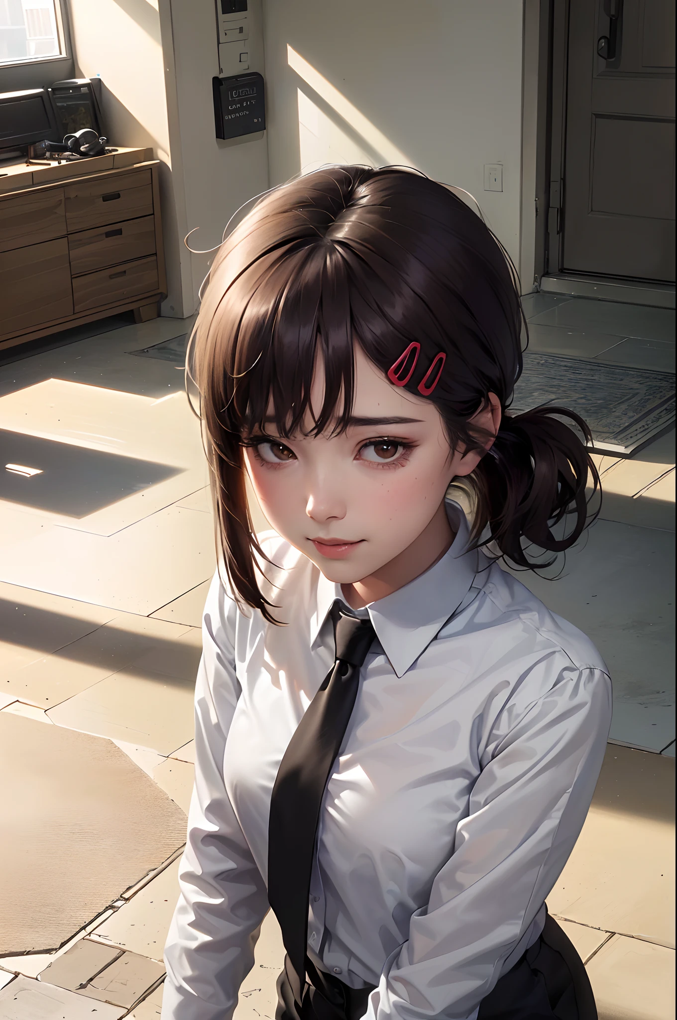 masterpiece, best quality, ultra-detailed, illustration, epic lighting, cinematic composition, isometric, 1girl, solo, cute, brown eyes, black hair, swept bangs, single sidelock, red hairclip, white collared shirt, black necktie, black pants, formal, enchanting gaze, captivating pose, indoors, office, door, opening door, looking at viewer, peeking out upper body, blush, seductive smile, closed mouth,(8k:1.1),