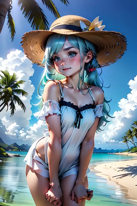 ((Extremely detailed)),, (8K), Best Quality, (Beautiful),((masutepiece)), ((Best Quality)), Beautiful girls,Realistic portraits,a straw fedora hat, (Ultra-detailed), ((kawaii)), Cute, (lovely),plein air、blured background:1.5、((South Island、Palm trees、Blue ...