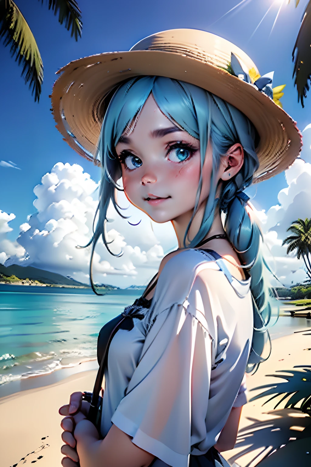 ((extremadamente detallado)),, (8k), mejor calidad, (hermoso),((Mesa)), ((mejor calidad)), hermoso girls,Retratos realistas,un sombrero fedora de paja, (ultra detallado), ((kawaii)), lindo, (Hermoso),Plein air、fondo borroso:1.5、((isla del sur、palmeras、mar azul、cielo abierto azul、nubes cumulonimbus))