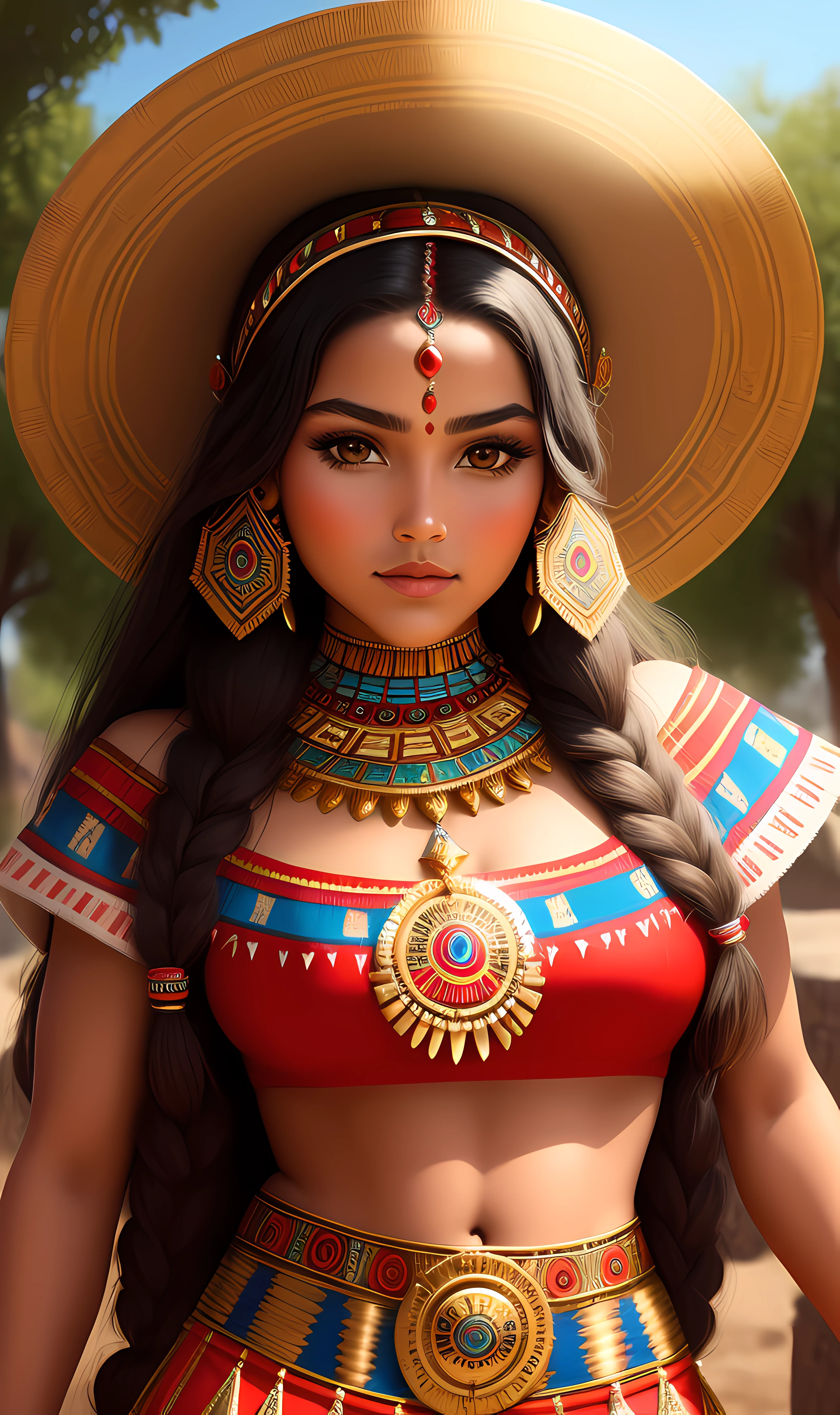 masterpiece, a aztec princess woman), medium peark brasts, in front a piramid, native dress, hi quality, cutty girl,  beautiful detailed face, looking at viewer, gold jowels