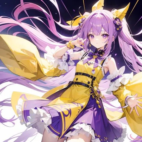 Long purple and yellow bangs，Energetic high ponytailed hair，Purple simple dress, Yellow and white accessories，Cute and lively beautiful girl，The charm was very tempting