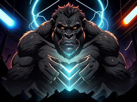 Visualize a full-bodied evil gorilla in a dark setting with dazzling cinematic lights. Certifique-se de que o rosto do gorila seja impressionantemente detalhado, com sombras bem definidas, while the image maintains 8K quality and an impactful HDR effect