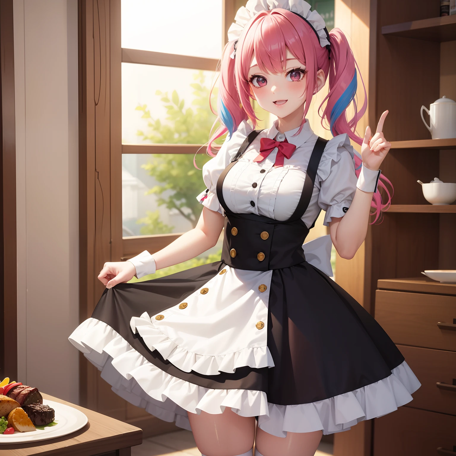 Personaje de anime vestido con traje de sirvienta posando en la cocina con  un plato de comida - SeaArt AI