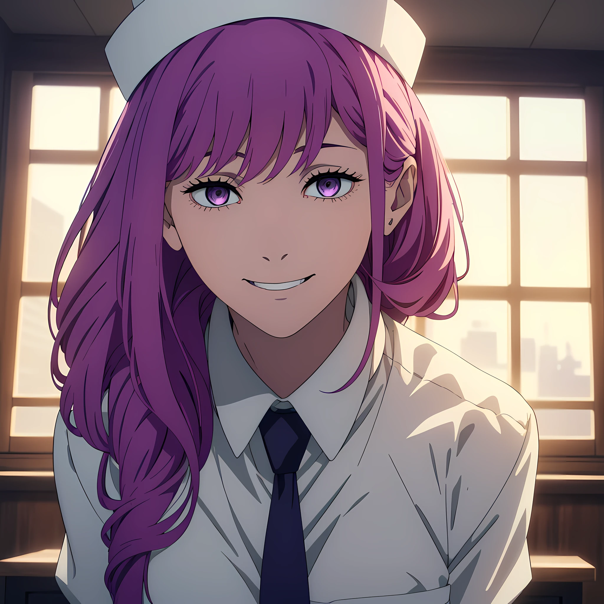 one-girl, nurses, gorgeous hair in long purple, smile, room, white nurse clothes, white nurse hat, looking at viewer, ((masterpiece)), ((best quality)), ((high detailed illustration)), ((high detailed background)), ((hi-res)), ((4k resolution))