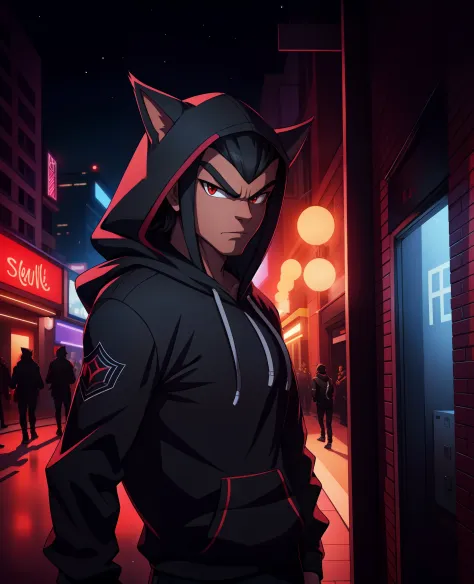 shadow the hedgehog with a hoodie, on a nightclub entrance, in the city, at night, 8k