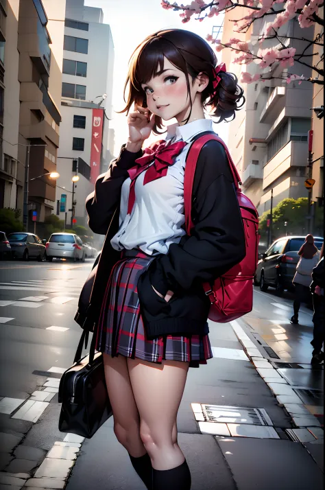 top-quality,masutepiece,Anime style,parfect anatomy,独奏,skirt by the, bags, plein air, jaket, Standing, sockes, shoe, looking at ...