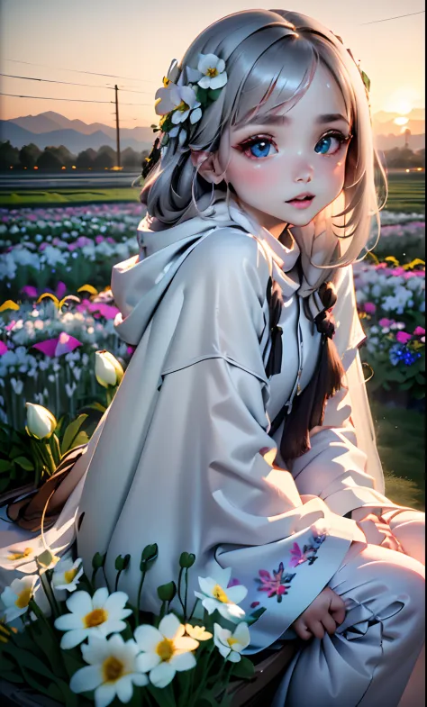 (​masterpiece:1.2、top-quality)、nffsw、intricate detailes、1girl in、albino、Light brown eyes、beautiful brown long-haired、Silky straight hair、Twilight Look、Long gray poncho、(((plein air、flower  field、colorful flower々)))、Natural light、Pale lighting