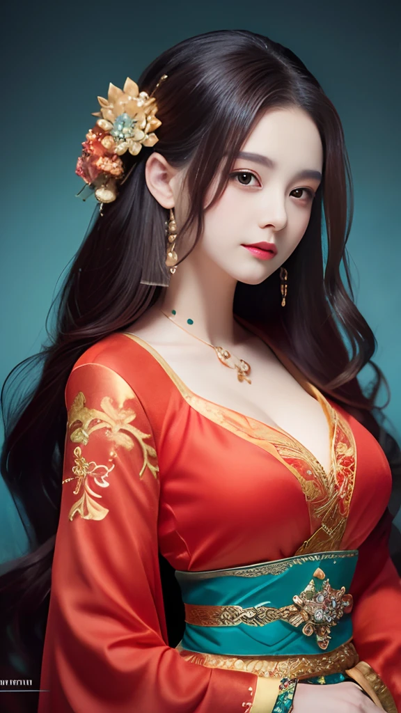 긴 머리의 드레스를 입은 여자의 클로즈업, 구비즈, 구비즈-style artwork, 아름다운 환상의 황후, 궁전 ， 한푸의 소녀, 아름답고 매혹적인, ((아름다운 환상의 황후)), 중국 소녀, 구바이츠 걸작, 아름다운 여신,엄청나게 거대한 가슴