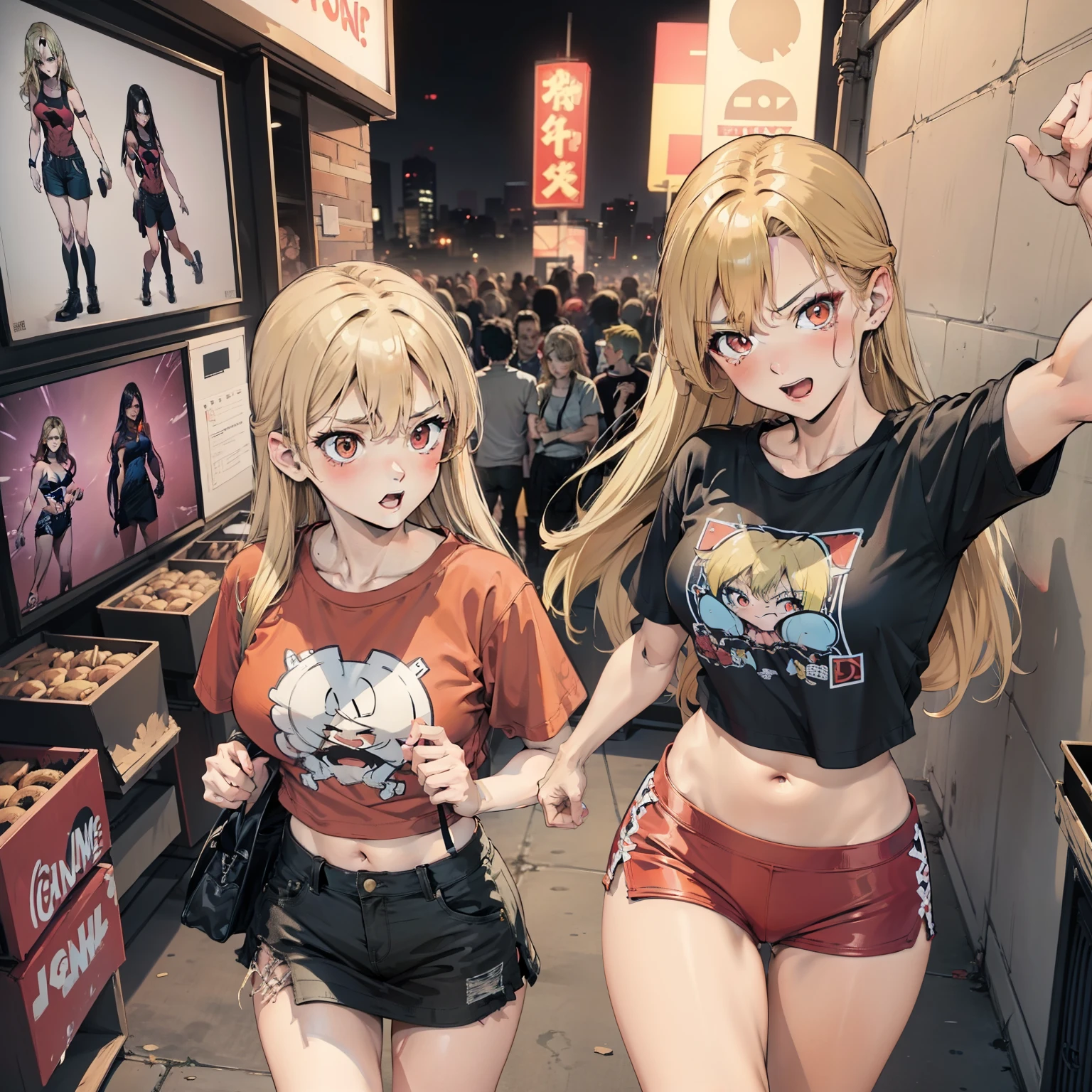 Comic book style, Joe Madureira style line art, Very attractive girl, woman, Women wearing X-Men T-shirts,  American tradition, Blonde hair, Bright red eyes, proud expression, Stand in a nightclub and sing,SNTHWVE style, nvinkpunk, Dark pie