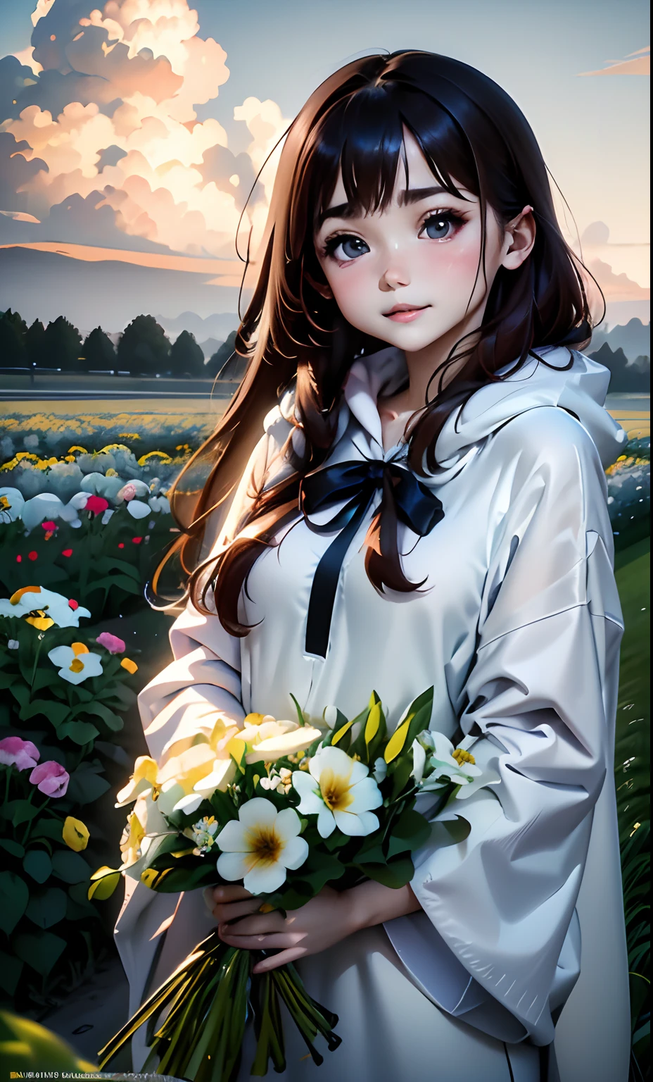 (​masterpiece:1.2、top-quality)、Anime style、intricate detailes、1girl in、Light brown eyes:1.5、beautiful brown long-haired、Silky straight hair、Twilight Look、Long Grey Poncho、(((plein air、flower  field、colorful flower々)))、Natural light、blue open sky:1.5、cumulonimbus clouds、