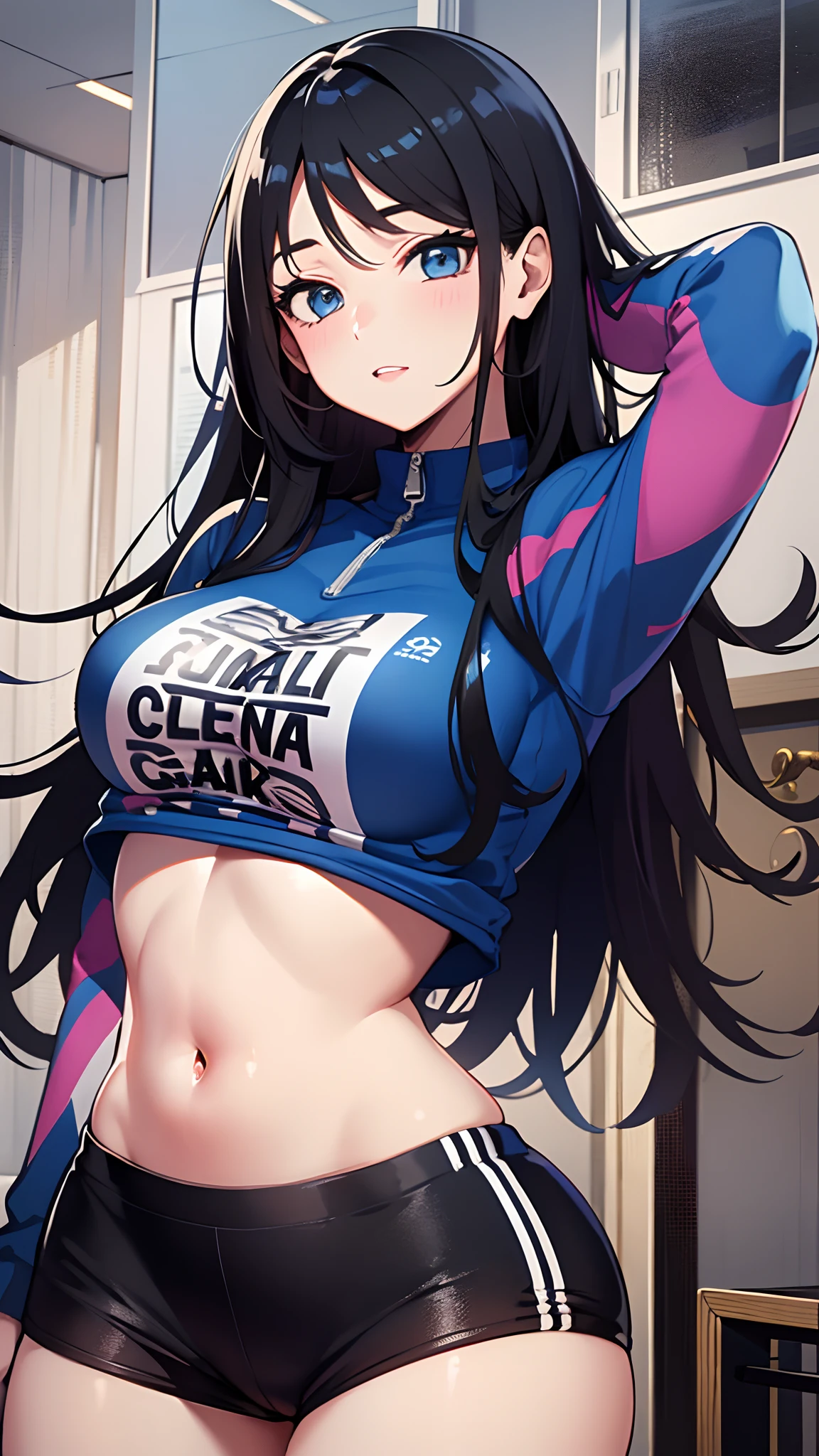 Anime girl in a blue and purple top and black shorts - SeaArt AI