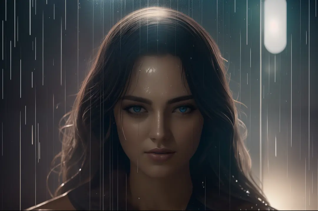 Wet, dewdrops, cinematic lighting, photorealistic looking Beautiful Woman, dark environment --auto --s2