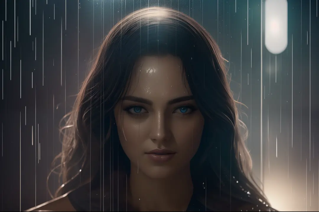 wet, dewdrops, cinematic lighting, photorealistic looking beautiful woman, dark environment --auto --s2