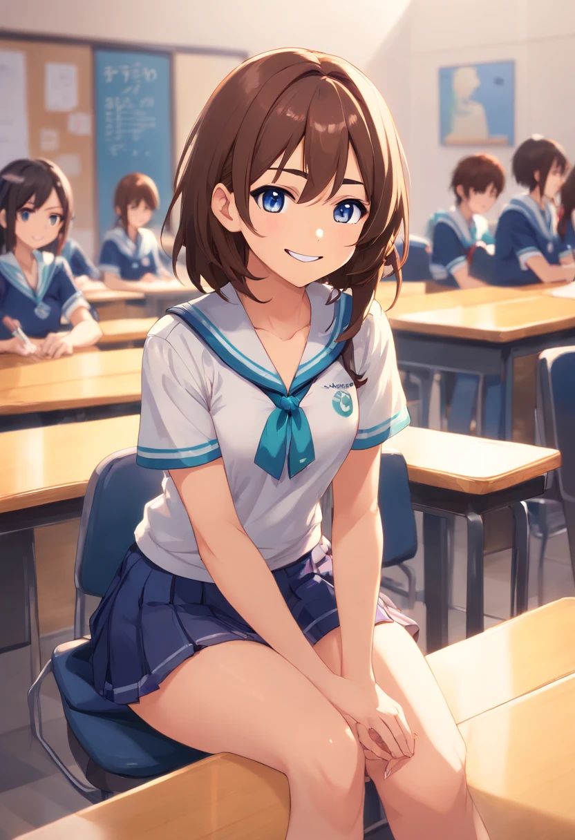 Anime girl sitting on a desk in a classroom with other students - SeaArt AI