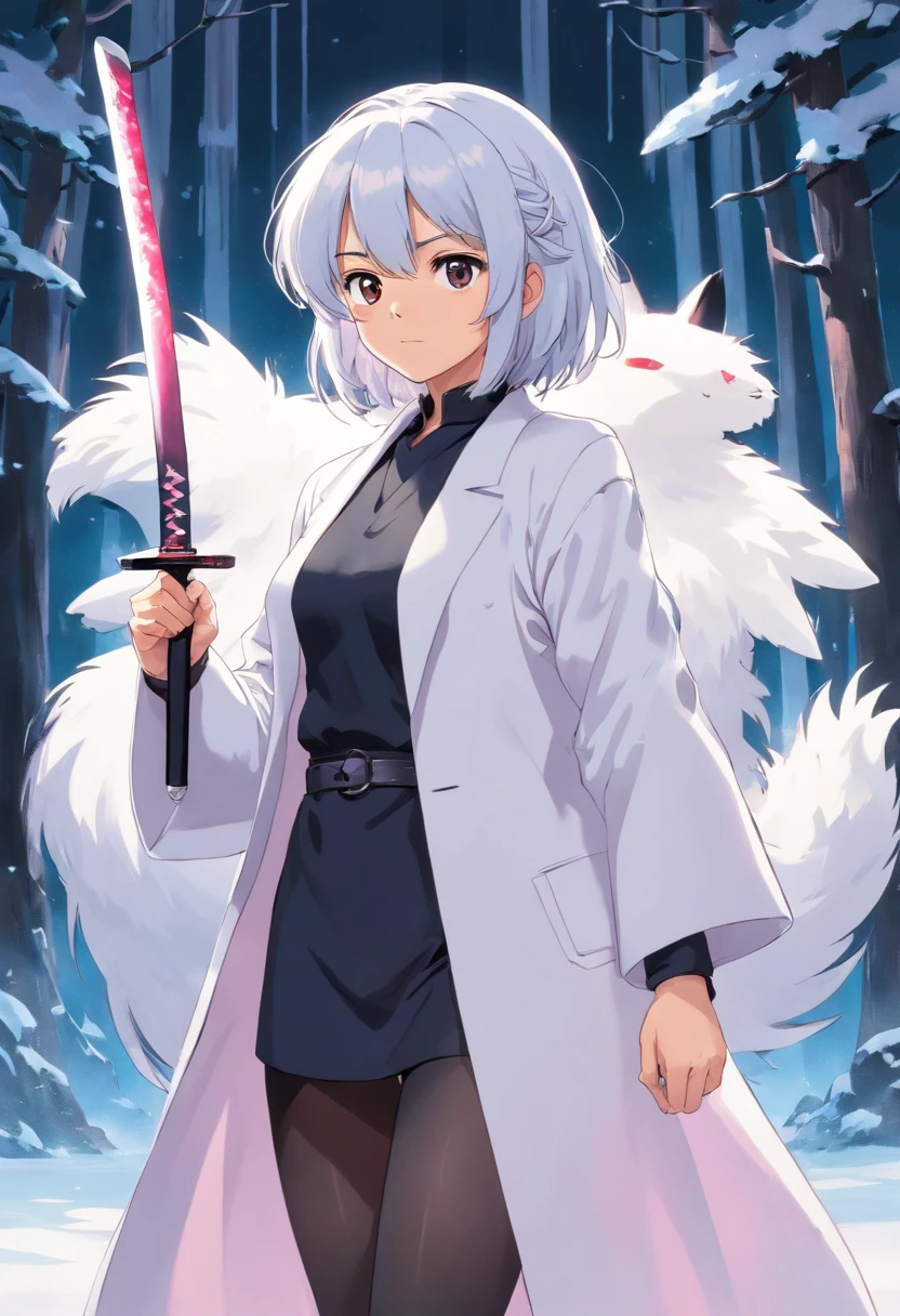 A woman in a white coat holding a sword in a snowy forest - SeaArt AI