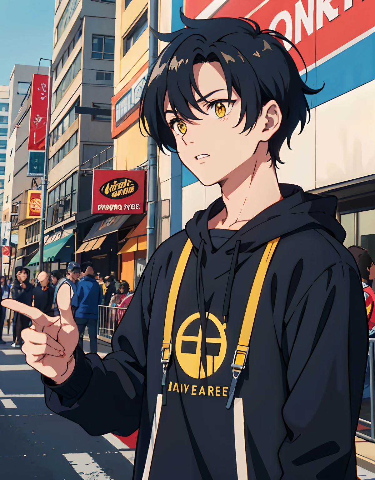 Anime guy in black hoodie pointing at something on a city street - SeaArt AI