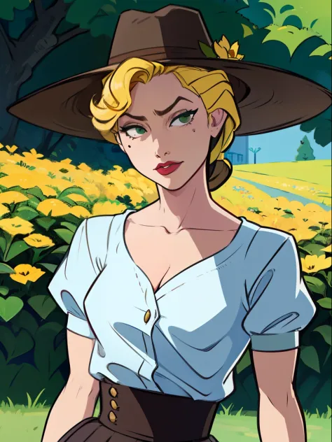 Helga Sinclair, wink, Victorian dress, white top brown skirt, white button blouse, hair up, brown hat with yellow flowers, looking at viewer, in park, green hedges