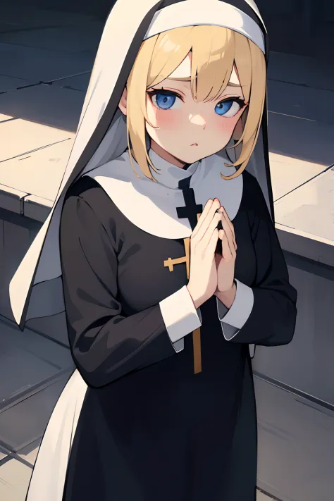 nun with blonde hair blue eyes slightly chubby cheeks and a pouty expression holding a cross in the image and hands clasped together as if praying