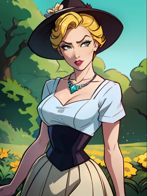 Helga Sinclair, wink, Victorian dress, large breasts, glowing crystal necklace, white top brown skirt, white button blouse, hair up, brown hat with yellow flowers, looking at viewer, in park, green hedges