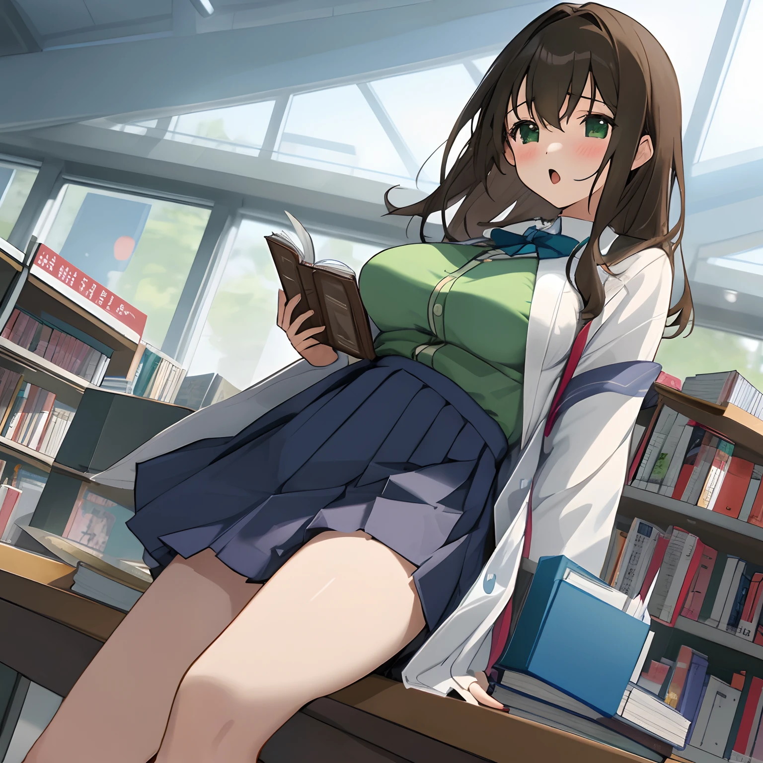 Anime girl sitting on a table reading a book in a library - SeaArt AI