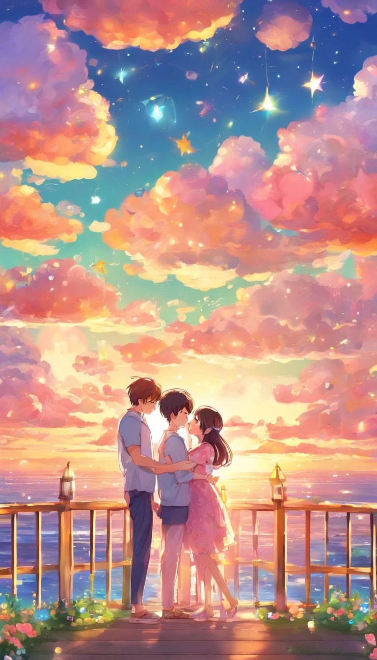 A couple standing on a pier looking at the sky - SeaArt AI