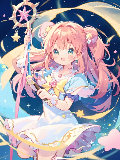 k hd，Anime girl with wand and star wand in her hand, portrait of magical girl, sparkling magical girl, magical little girl, card...