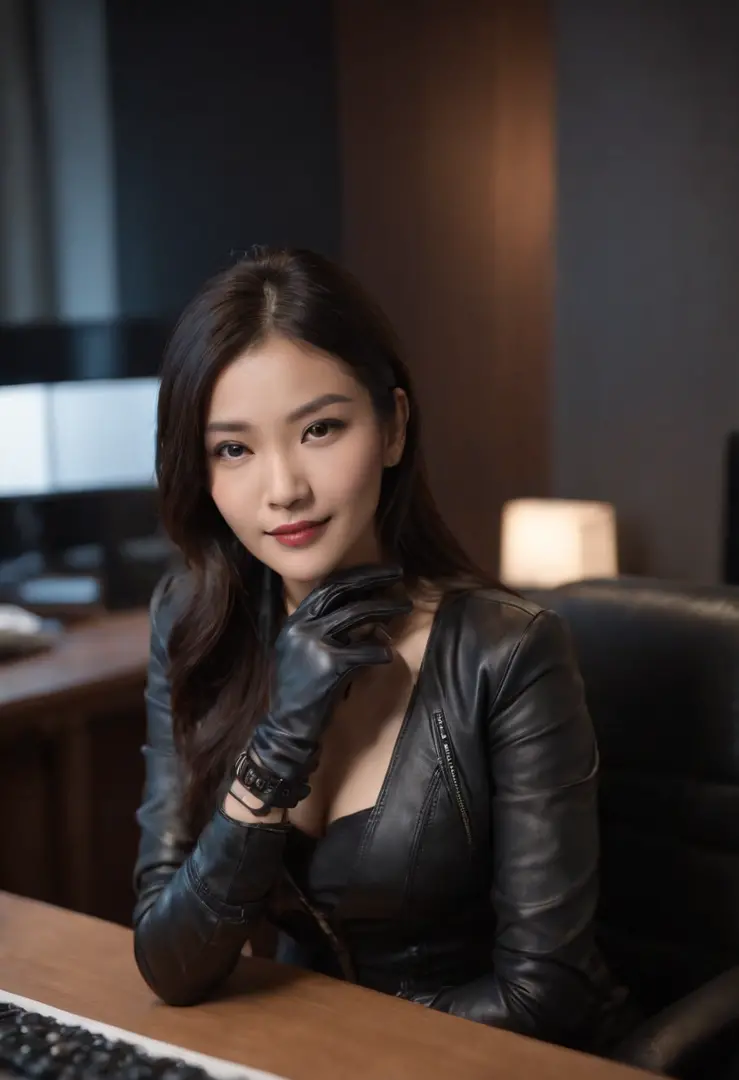 Wearing black leather gloves in both hands Upper body Black leather riders jacket Necklace on the chest Facing the desk in the modern study in the dark, looking down and smiling, long straight black hair Young Japanese woman (black leather gloves covering ...