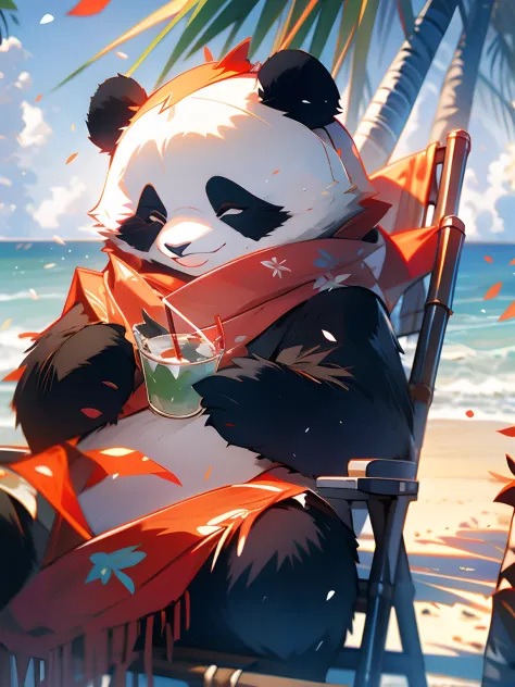 1 cute panda,outdoors,solo,On the beach,Face Close-up,portrait painting,Take the drink,hat,furry,leaf,standing,red scarf,no huma...
