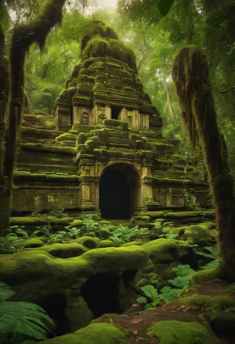A tropical forest, dense forest, ruins of ancient civilizations in the forest, moss on the building