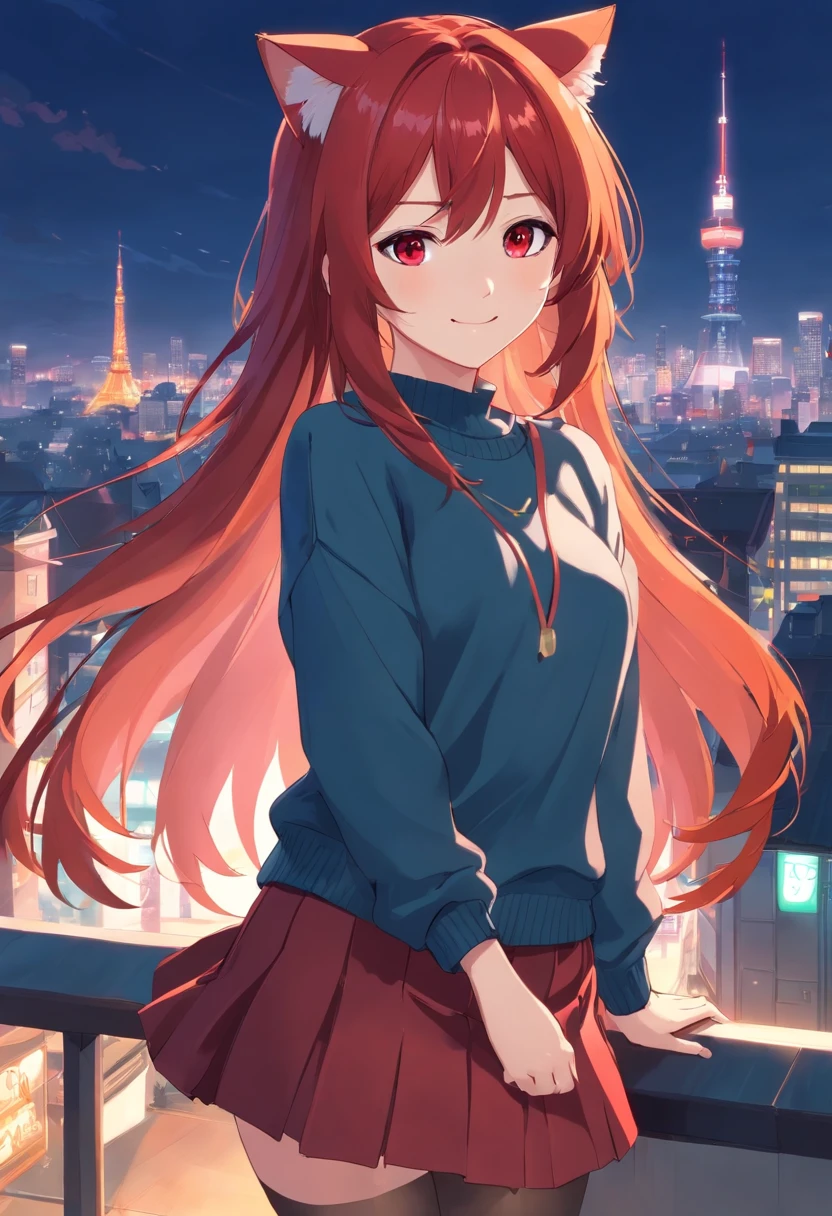 A girl with long red hair standing on a balcony overlooking a city 