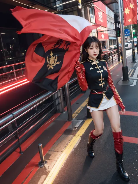 High-end CG screen:Superhero five-star red flag girl wearing a Chinese five-star flag logo uniform，Wear red gloves on both hands+Wear red boots on your feet+National flag，soio，Full body standing shooting CG superpower special effects